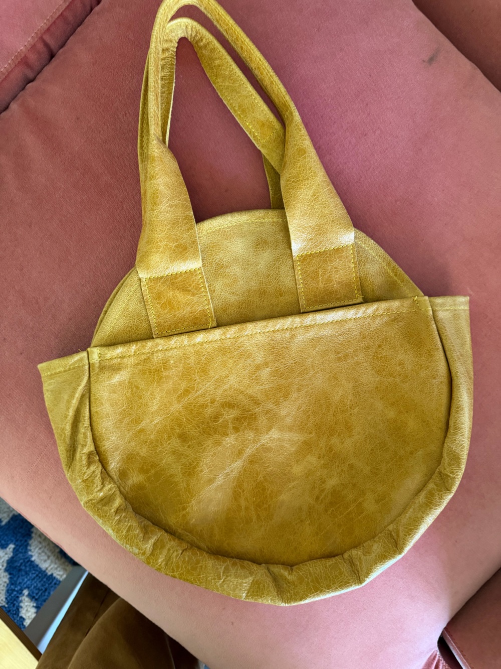 Round leather handbag handamade camel color NWOT small